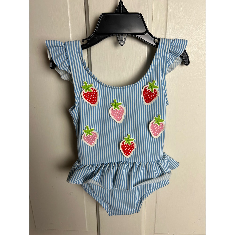 Baby Boden Blue White Striped Strawberry Ruffle One Piece Swimsuit 3-6M Y1880 - Picture 1 of 5